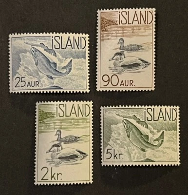 Sellos de viaje: estampillas de Islandia Scott #319-322 salmón y patos ancianos 1959 MNH OG Foto 1 de 4