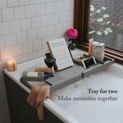 Bandeja de bañera de bambú de lujo - Bandeja de baño expandible gris - Organizar ajustable... Foto 1 de 3