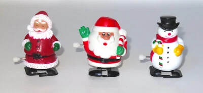 Lot of 3 Vintage Miniature Wind-Up Walking Christmas Toys, 2 Santas, Snowman - Imagem 1 de 2