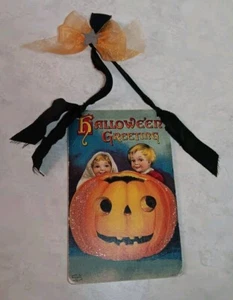 Vtg Halloween Greeting 5.5"x3" Sign Hanging Ellen Clapsaddle Hallowe'en Glitter - Picture 1 of 7