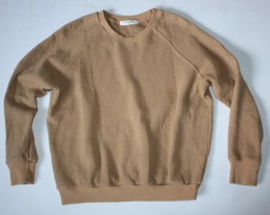 $138 perfectwhitetee ALLMAN Sweatshirt Women Small Tan 100% Cotton Textured Crew - Picture 1 of 9
