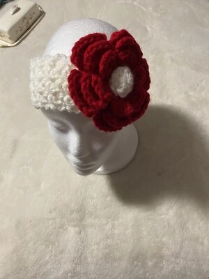 Gorgeous Hand Crocheted Child’s Headband/Earwarmer. White With Red Flower. - Image 1 of 4