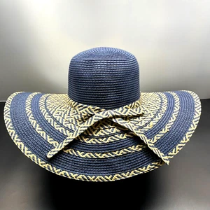 Tropical Trends Dorfman Wide Brim Floppy Beach Sun Straw Hat Striped Blue Tan - Picture 1 of 16