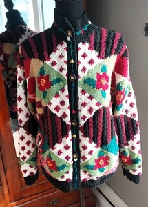 Vtg CAPE ISLE KNITTERS hand knit cardigan sweater oversized patchwork roses 90s - Picture 1 of 16