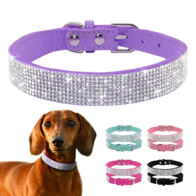 Bling Rhinestone Suede Leather Pet Dog Collar Diamante for Cats Puppy Chihuahua