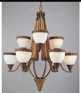 TRIARCH 29024 BOMBAY 9-LIGHT BAMBOO WICKER CHANDELIER 34" DIAMETER 40" HIGH NEW - Picture 1 of 1