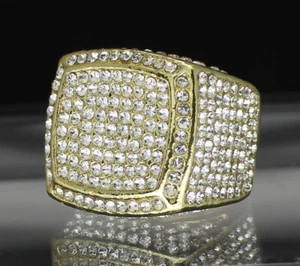 Mens Large Iced CZ Square Pinky Ring Band 14k Gold Plated Hip Hop Fashion - Picture 1 of 6