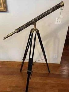 Telescope With tripod Vintage Nautical Brass W/wood Inlaid Floor Standing - Picture 1 of 20