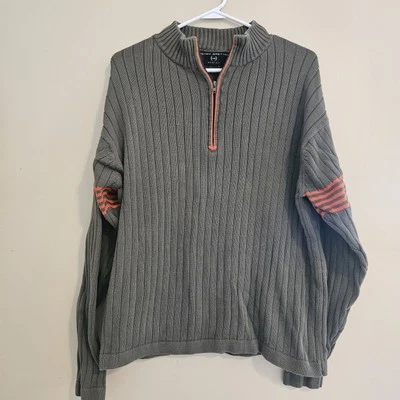 Henry Grethel Men's Large Pullover Sweater Dark Green Orange Stripes Arm Sleeve  - Image 1 of 4