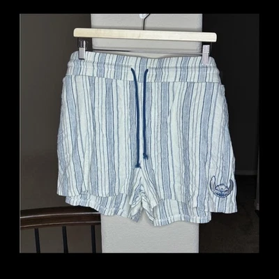 Pantalones Cortos Disney Azul y Blanco Puntada Bordada Rayas Mezcla de Lino Talla 1X Foto 1 de 4