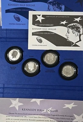 2014 50C СЕРЕБРЯНЫЙ КЕННЕДИ ПОЛОВИНА ДОЛЛАРА 50-ЛЕТИЕ 4 МОНЕТЫ НАБОР В OGP W P S D - Изображение 1 из 4