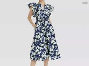 Vestido midi A New Day para mujer acampanado manga corta popelina en capas azul marino floral L - Imagen 1 de 3