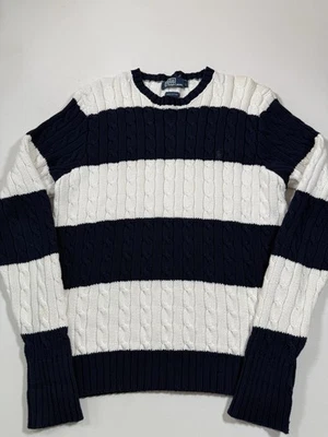 Polo Ralph Lauren Sweater Mens Large White Striped Cable Fisherman Knit Crewneck - Image 1 of 4