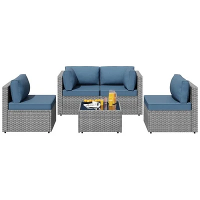 SUNLEI 5pc Patio Furniture Set, Silver Rattan Sofa with Table, Aegean Blue(Used) - Image 1 of 4