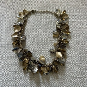 J Crew Signed Gold and Silver Petal Leaf Cluster Crystal Collar Fringe Necklace - Picture 1 of 24