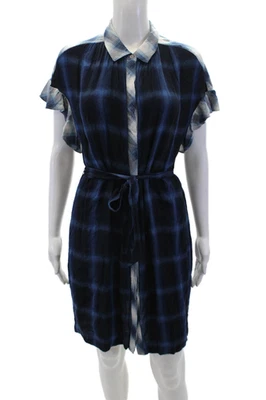 Vince Camuto Womens Plaid Belted Collared Short Sleeve Shirt Dress Navy Size S - Image 1 of 4