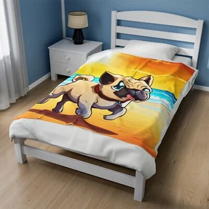 Pug Running on the Beach - Velveteen Plush Blanket - Picture 1 of 25