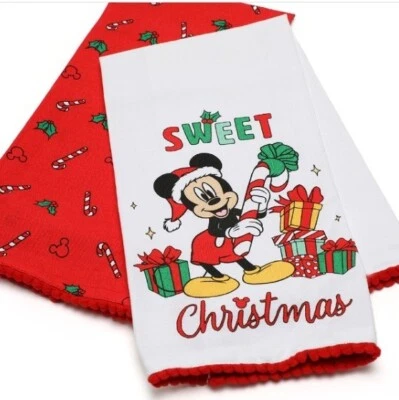 Tea Towels Disney Mickey Mouse CHRISTMAS 2 Pack Cotton Dish Cloth Kitchenware F - Image 1 of 4