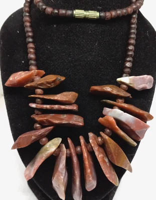 Beautiful Vintage Artisan Red Agate and Wood Beaded 18 Inch Necklace - Image 1 of 4