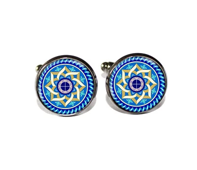 Chakra Zen синий узор - ручной работы круглые стеклянные металлические запонки подарок на день отца - Изображение 1 из 3