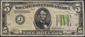 Fr.1955-J 1934 Kansas City $5 LGS Light Green Seal Federal Reserve Note Fine - Picture 1 of 2