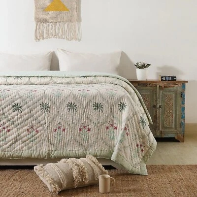 Indian Block Print Quilt Jaipuri Razai Pure Cotton Quilted Bedspread With Pillow - Image 1 of 4