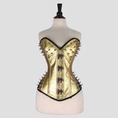 Corsé Steampunk con púas - Sexy bustier de cuero sintético dorado con cierres plateados Foto 1 de 4