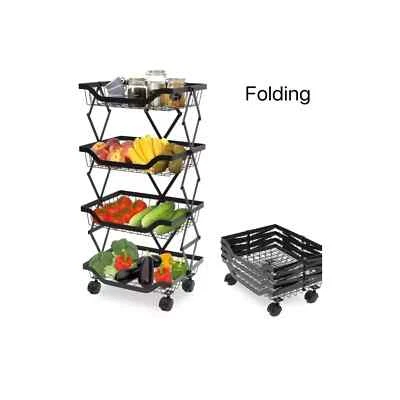 Kitchen Storage Rack 4 Tiers Foldable Organizer Black with Roller - Image 1 of 3