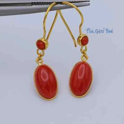 18k Solid Yellow Gold Natural Precious Red Coral Oval Cabochon Earrings - Image 1 of 4