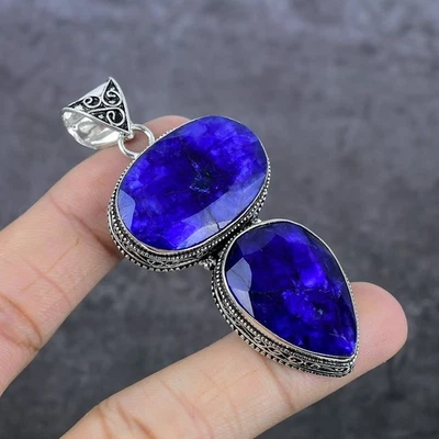 Sapphire(Simulated) 925 Sterling Silver Jewelry Pendant 2.84" Gift i143 - Image 1 of 4