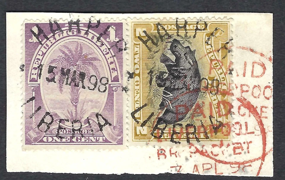 Liberia # 54 & 57 Used 1897 Cockrill BR PACKET Cancel # 90 in RED Hippo - Image 1 of 1