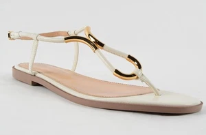 Sergio Rossi Naply’s Twist Round Toe Elfenbein Leder Gold Akzent Zehenstegsandalen 39 - Bild 1 von 7