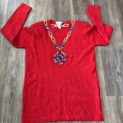 vtg 80s Outlander Lambswool Angora Sweater Red With Attached Costume Jewelry - Image 1 of 4