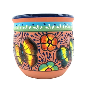 Mexican Engobe Clay Pottery Planter Flower Pot Butterfly Ceramic Talavera - Picture 1 of 9