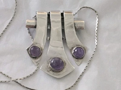 Vintage MEXICAN STERLING Pendant Amethyst Cabochons & 925 Italy Chain 18.9 Grams - Image 1 of 4