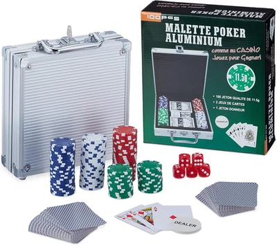 Valigetta Da Poker, 100 Chips Senza Valore, 2 Mazzi Di Carte, 5 Dadi, Dealer, Po - Immagine 1 di 4