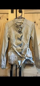 DKNY Khaki Safari Jacket with Ruffle Front Button Detail Size Medium Y2K Boho 90 - Picture 1 of 4