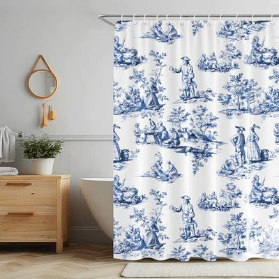  Cortina de ducha Toile de Jouy francesa vintage, ducha de tela azul y blanca  Foto 1 de 4