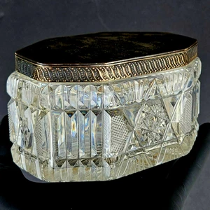 Antique 19thC French Cut Crystal Casket Dresser Trinket Jewelry Box Silverplated - Picture 1 of 19