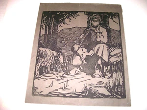 Antique Original Block Print"Shepard Blowing on Flute w/Sheep" 1920's ByLAMPHEAR - Picture 1 of 2