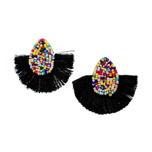 Seed Beaded Teardrop Black Tassel Stud Earrings Half Circle Fan Fashion Jewelry - Picture 1 of 2