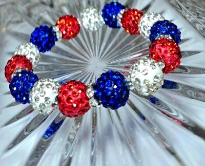 Pulsera elástica hecha a mano con cuentas brillantes roja blanca azul regalo para mujer Foto 1 de 4