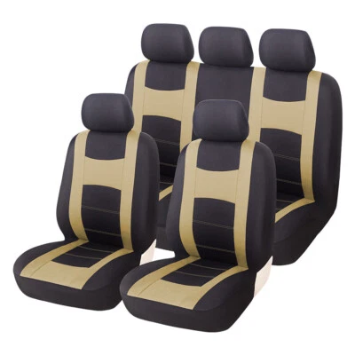 9PCS Full Set Car Seat Covers Protector Auto Interior Accessories Black/Beige - Image 1 of 4