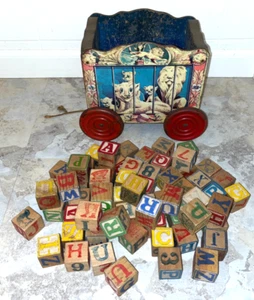 Vagón de circo de juguete de madera vintage de 1950 Gong Bell Mfg Co ¡con 64 bloques de madera! - Imagen 1 de 15