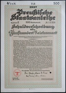 500 Reichsmark 1937 - Series: E 13309 - Loan Bond with eagle-swastika - Y142 - Picture 1 of 5