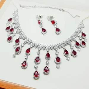 White gold finish pearcut red ruby and created diamond droplet necklace set - Picture 1 of 6