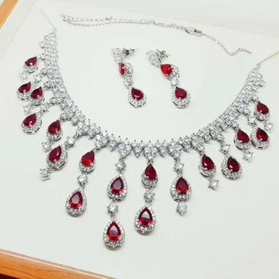 White gold finish pearcut red ruby and created diamond droplet necklace set - Image 1 of 4