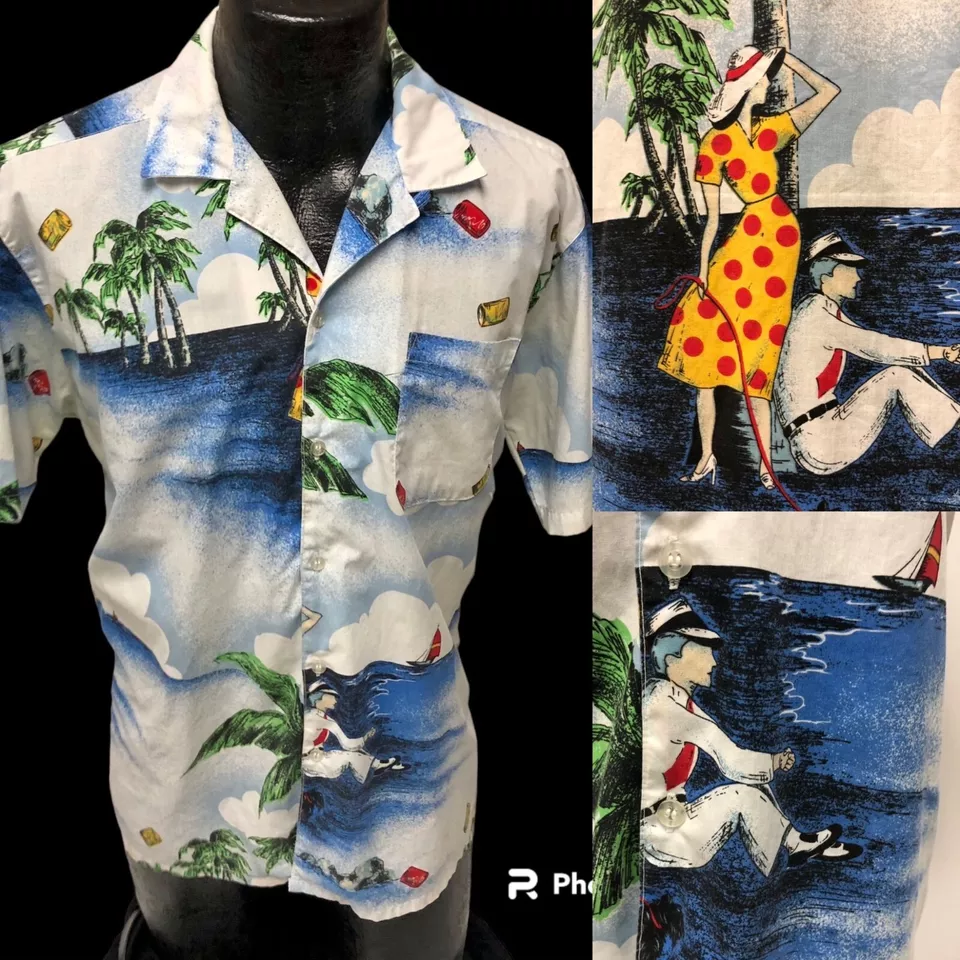Vtg 80's Rampage Couple & Dog Castaways HAWAIIAN Loop Collar ISLAND Camp Shirt - Image 1 of 4