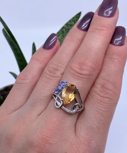 Natural Citrine and Tanzanite gemstone Ring, gold plated, silver 925, Size 7 US - Picture 1 of 5