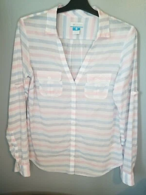 Columbia Mujer Pequeño Con Botones Manga Larga PFG Rosa y Azul Rayas Sobre Blanco Foto 1 de 4